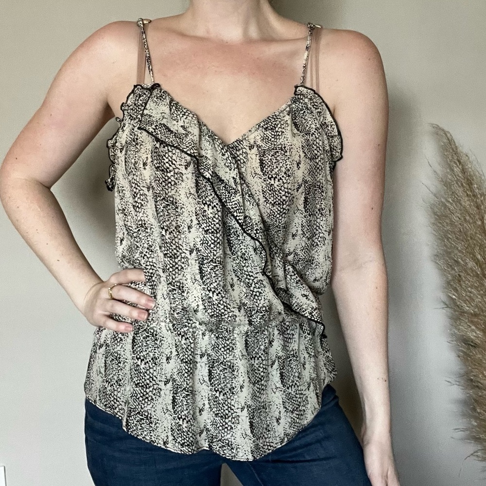 Parker Snake Print Surplice Ruffle Silk Blouse Top